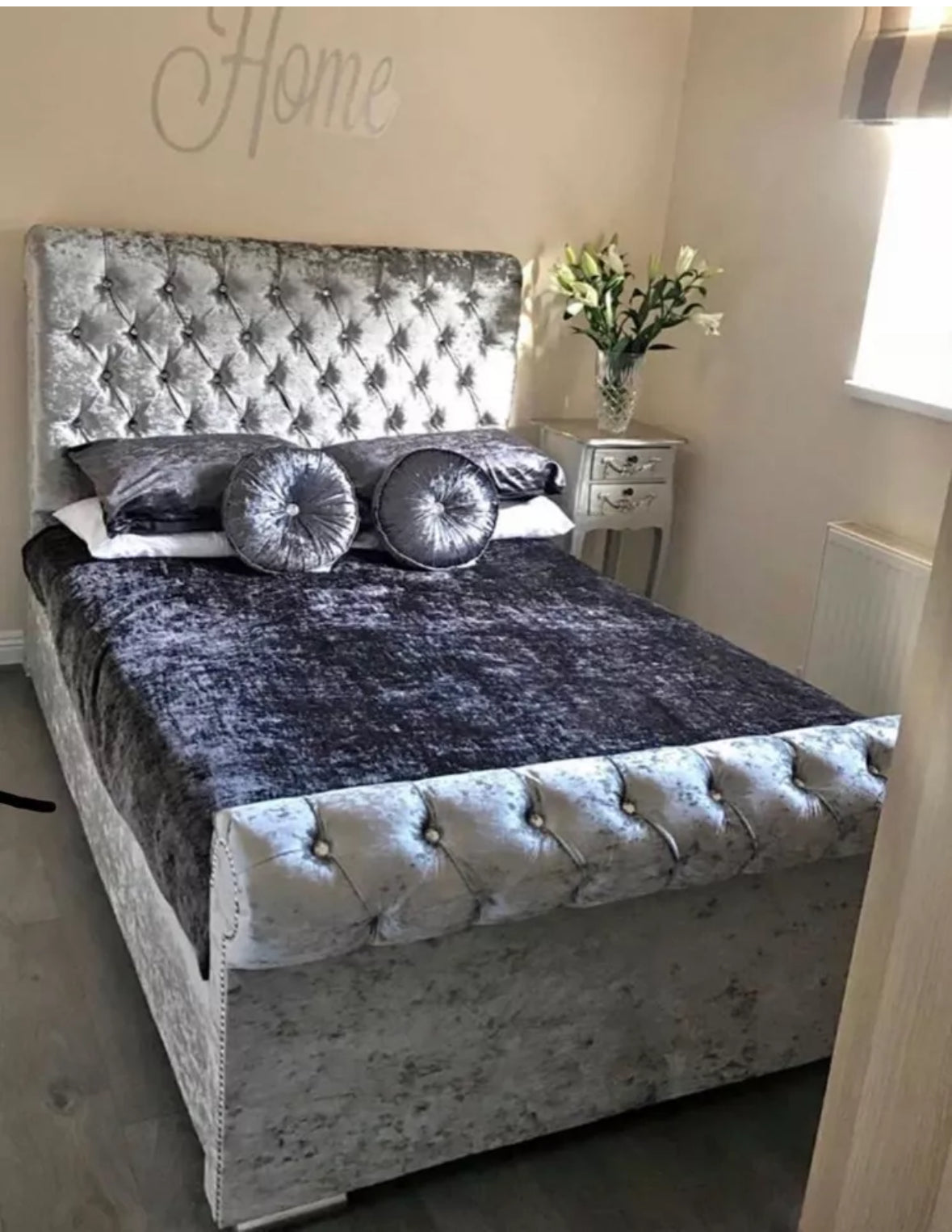 Crushed Velvet Scroll Sleigh Bed