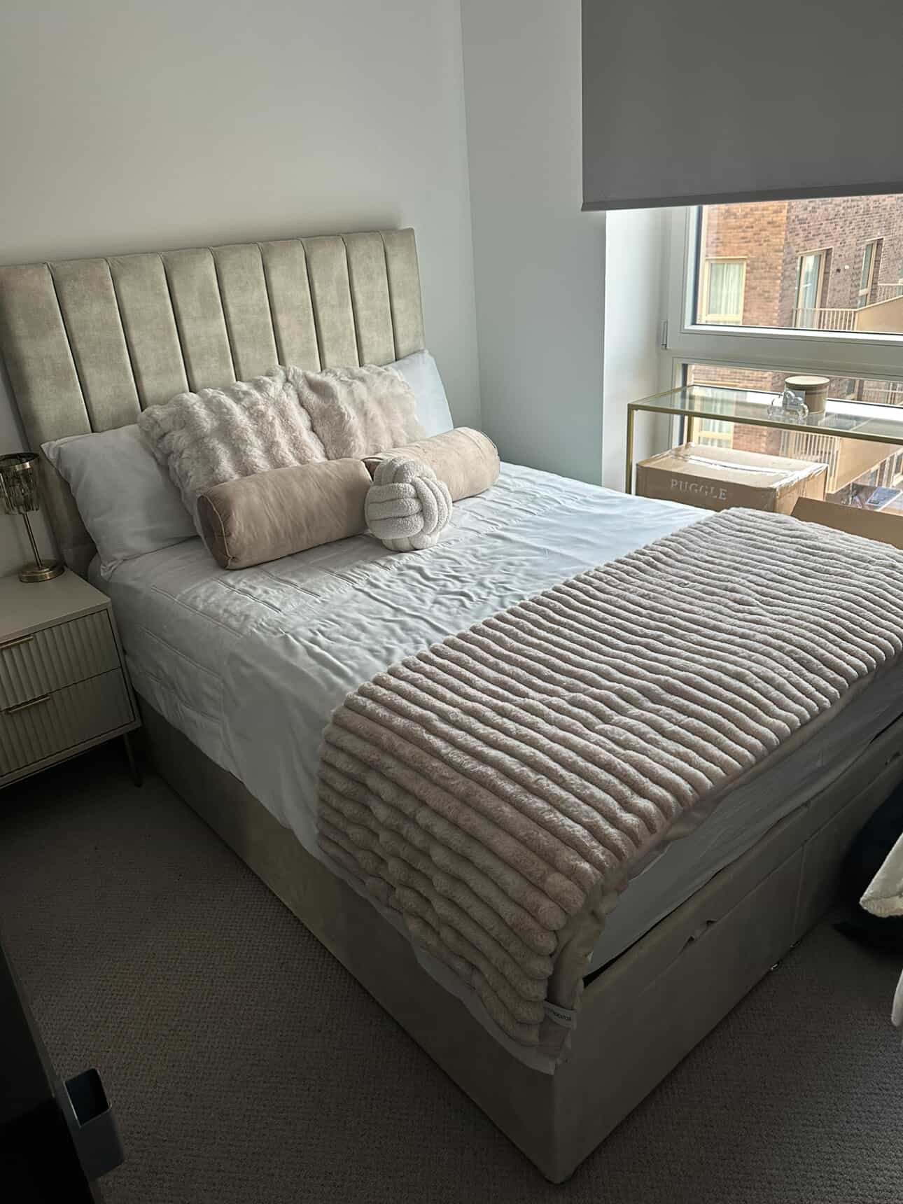 Cream Coniston Ottoman Divan Gaslift Bed Frame with Panel Lined Headboard